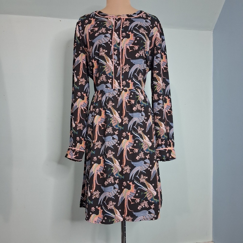 Ann Taylor Loft Snow Bird Floral Print Shirt Dress Size 8 Black Multi Color Folk